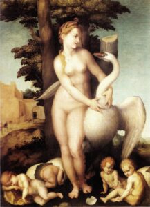 Andrea del Sarto, Leda and the swan, circa 1490 Oil on wood, 40.1 in x 29.9 in Royal Museums of Fine Arts of Belgium, Brussels