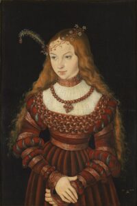 Lucas Cranach the Elder, Portrait of Princess Sibylle of Cleve, 1526 Paint on beech wood, 22.4 x 15.3 in Schloss Weimar, Germany