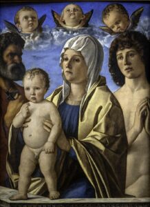 Giovanni Bellini, Madonna and Child with St. Peter and St. Sebastian, circa 1480 Oil on panel, 32.5 x 23.1 in Louvre Museum, Paris