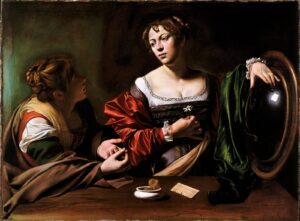 Caravaggio, Martha and Mary Magdalene, circa September 1598 Oil on canvas, 39.3 in x 52.9 in Detroit Institute of Arts