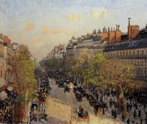 Camille Pissarro, Boulevard Montmartre at Sunset, 1897 Oil on canvas, 21.2 in x 25.5 in Museum Barberini, Potsdam, Germany