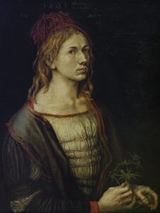 Albrecht Dürer, Portrait of the Artist Holding a Thistle, 1493 Oil and parchment on canvas, 22.2 x 17.5 in Louvre Museum, Paris