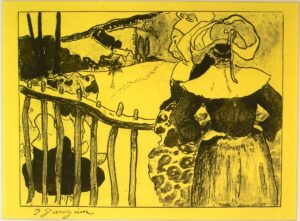main-image Paul Gauguin, Breton Women at Barrière, from the "Volpini Suite," 1889 Zincograph printed on yellow paper, 6 5/16 × 8 7/16 in Metropolitan Museum of Art, New York