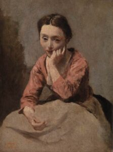 Jean-Baptiste-Camille, Pensive Young Woman (Jeune femme pensive), 1855–1860 Oil on panel (later mounted to plywood), 12 1/2 × 9 5/16 in Barnes Foundation, Philadelphia