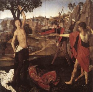 Hans Memling, The Martyrdom of St Sebastian, c. 1475 Oil on wood, 26.6 x 26.6 in Royal Museums of Fine Arts of Belgium, Brussels