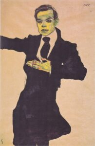 Egon Schiele, The Painter Max Oppenheimer, 1910 Black chalk, India ink and watercolor on paper, 17.8 x 11.7 in Albertina, Vienna