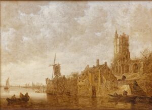 2560px-Paris_-_Musée_du_Louvre_-_Jan_van_Goyen_-_Paysage_fluvial_avec_moulin_et_château_en_ruine_-_INV_1304_-_001 Jan Van Goyen, River Landscape with a Windmill and a Ruined Castle, 1644 Oil on canvas, 38.1 in x 52.3 in Louvre Museum, Paris