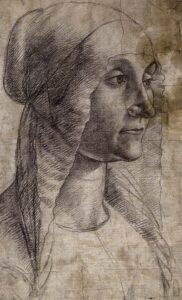 Domenico Ghirlandaio, Bust-Length Woman Wearing a Coif, 1489-90 Black chalk on cream-coloured paper, 14.4 x 8.7 in Devonshire Collection, Chatsworth, UK