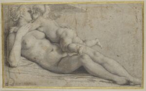 56655 Agostino Carracci, Venus and Cupid, ca. 1599 Black chalk on paper, 10.3 × 17.2 in Museum of Fine Arts, Budapest