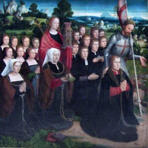 Adriaen Isenbrandt, Our Lady of the Seven Sorrows (left wing of diptych: Joris van de Velde, his wife Barbara Le Maire and their children with Saints George and Barbara), Date 1490-1551s Oil on panel, 56.6 x 56.2 in Royal Museums of Fine Arts of Belgium, Brussels