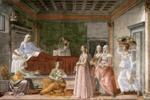 Domenico Ghirlandaio, Birth of St John the Baptist, between 1486 and 1490 Fresco Tornabuoni Chapel, Santa Maria Novella, Florence