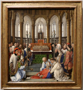 Rogier van der Weyden and Workshop, The Exhumation of Saint Hubert, late 1430s Oil on wood, 34.7 x 32 in National Gallery, London