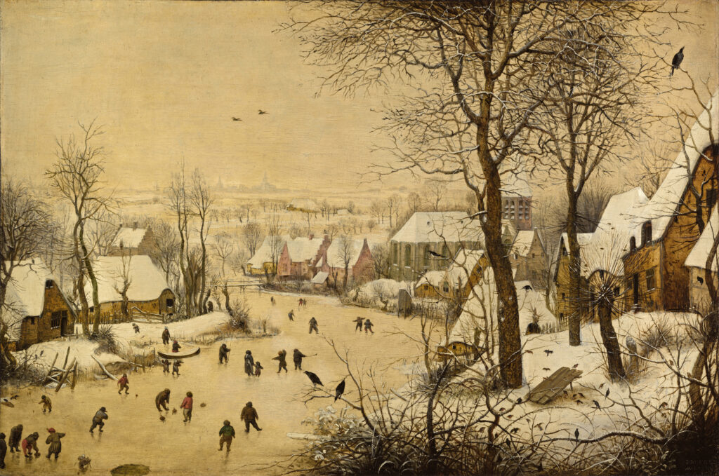 Pieter Bruegel the Elder, Winter Landscape with a Bird Trap, 1565 Oil on panel, 14.6 × 21.9 in Royal Museums of Fine Arts of Belgium