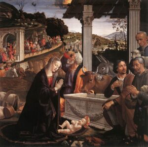 Domenico Ghirlandaio, Adoration of the Shepherds, between 1483 and 1485 Oil on panel, 65.7 x 65.7 in Basilica of the Holy Trinity, Florence