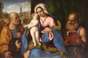 Palma Vecchio, Madonna with Child, Saint Jerome, St. Peter and Donor, circa 1509 Oil on canvas, 37.7 x 55.1 in Condé Museum, Chantilly, France