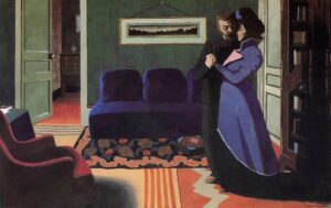 Félix Vallotton, The Visit, Interior with Blue Sofa, 1899 Tempera on cardboard, 21.8 x 34.2 in Kunsthaus Zürich, Switzerland