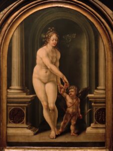 Jan Gossaert, Venus and Cupid, 16th century Oil on panel, 14.1 x 12.7 in Royal Museums of Fine Arts of Belgium, Brussels