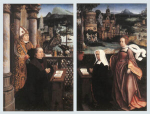 Jan Provost, Donor with St Nicholas and his Wife with St Godelina, first half of 16th century Oil on oak wood, 47.2 x 31.1 in Groeningemuseum, Bruges, Belgium
