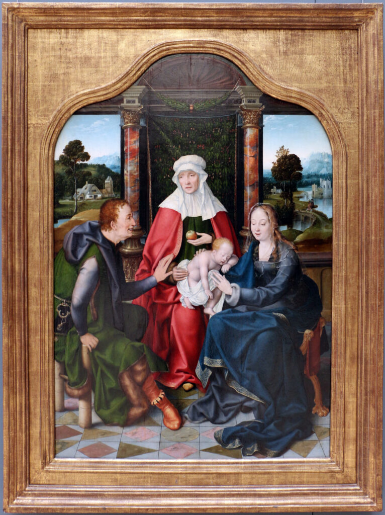 Joos van Cleve, St Anne with the Virgin and Child and St Joachim, first half of 16th century Oil on wood, 42.9 x 29.1 in Royal Museums of Fine Arts of Belgium, Brussels