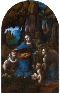 Leonardo da Vinci, Virgin of the Rocks, between circa 1491 and circa 1499 and from 1506 until 1508 Oil on poplar wood (cradled panel), 74.6 x 47.2 in National Gallery, London