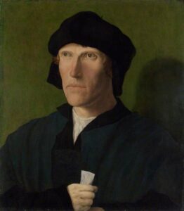 Lucas van Leyden, A Man aged 38, circa 1521 Oil on panel, 18.7 x 15.9 in National Gallery, London