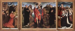 Hans Memling, Triptych of the Family Moreel, 1484 Oil on panel Dimensions 56 x 68.5 in (central), 56 x 34.25 in (wings) Groeningemuseum, Bruges, Belgium