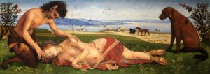 Piero di Cosimo, A Satyr Mourning over a Nymph, circa 1495 Oil on poplar wood, 25.7 x 72.5 in National Gallery, London