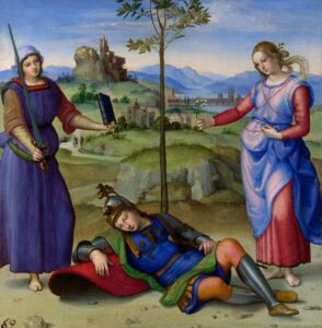 Raphael, Vision of a Knight, circa 1504 Oil on poplar wood, 6.7 × 6.8 in National Gallery, London