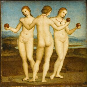 Three Graces, circa 1504 Oil on panel, 6.6 x 6.6 in Condé Museum, Chantilly, France