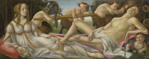 Sandro Botticelli, Venus and Mars, circa 1483 Tempera on panel, 27.1 x 68.3 in National Gallery, London