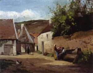 Camille Pissarro, Village Corner, 1863 Oil on panel, 6.3 x 11.7 in Private Collection