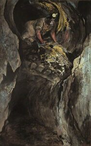 Graham Sutherland, Cornish Tin Mine, Emerging Miner, 1943 Oil on canvas, 46.5 x 30 in Leeds Art Gallery
