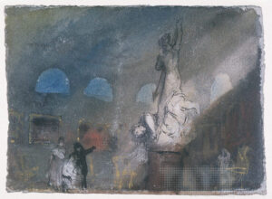 Joseph Mallord William Turner, Petworth House: The North Gallery at Night, with Figures Contemplating Flaxman’s Statue, ‘St Michael Overcoming Satan, 1827 Ink, watercolour and bodycolour on paper, 5.6 x 7.6 in Tate Britain, London