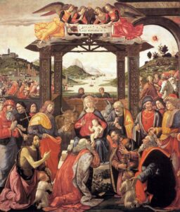 Domenico Ghirlandaio, Adoration of the Magi, 1488 Tempera on wood, 112.2 x 94.5 in Spedale degli Innocenti, Florence