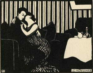 Félix Vallotton, The Lie, 1897 Woodblock print, 7 1/8 by 8 7/8 inches, from the portfolio “Intimacies” Musée D’art Et Histoire, Geneva, Switzerland