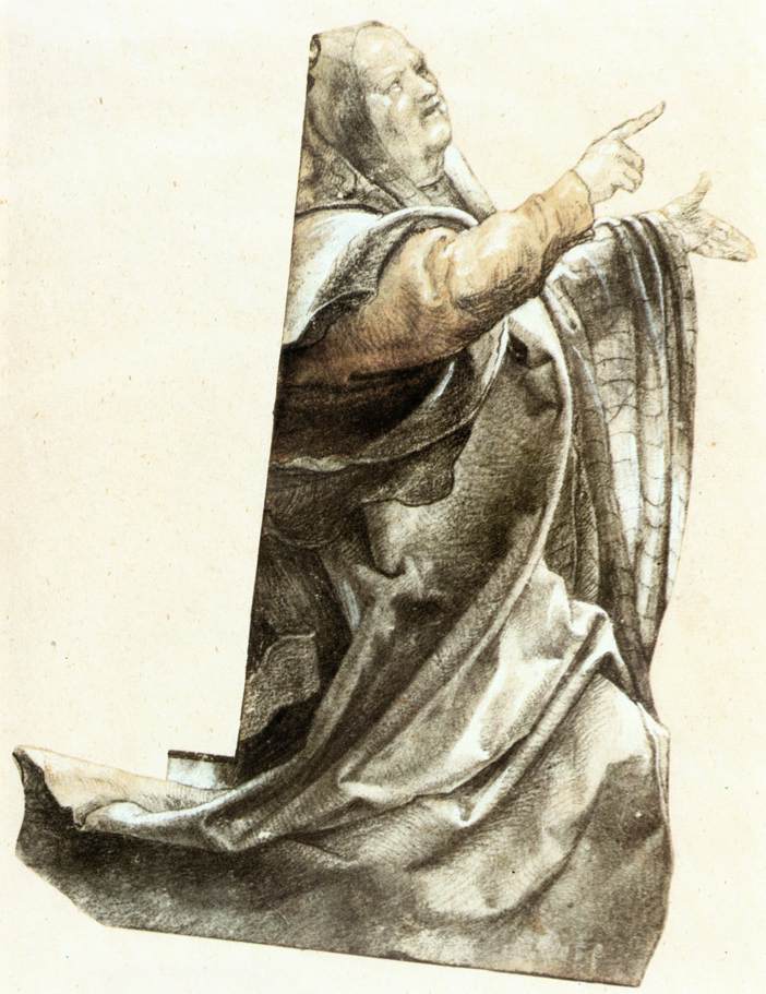 Matthias Grünewald, Complaining Pharisee, c. 1511 Black chalk on yellowish paper, cut and mounted, 9.25 x 6.5 in Staatliche Museen, Berlin