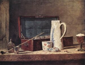 Jean Siméon Chardin, Still-Life with Pipe an Jug, c. 1737 Oil on canvas, 12.8 x 15.7 in Musée du Louvre, Paris