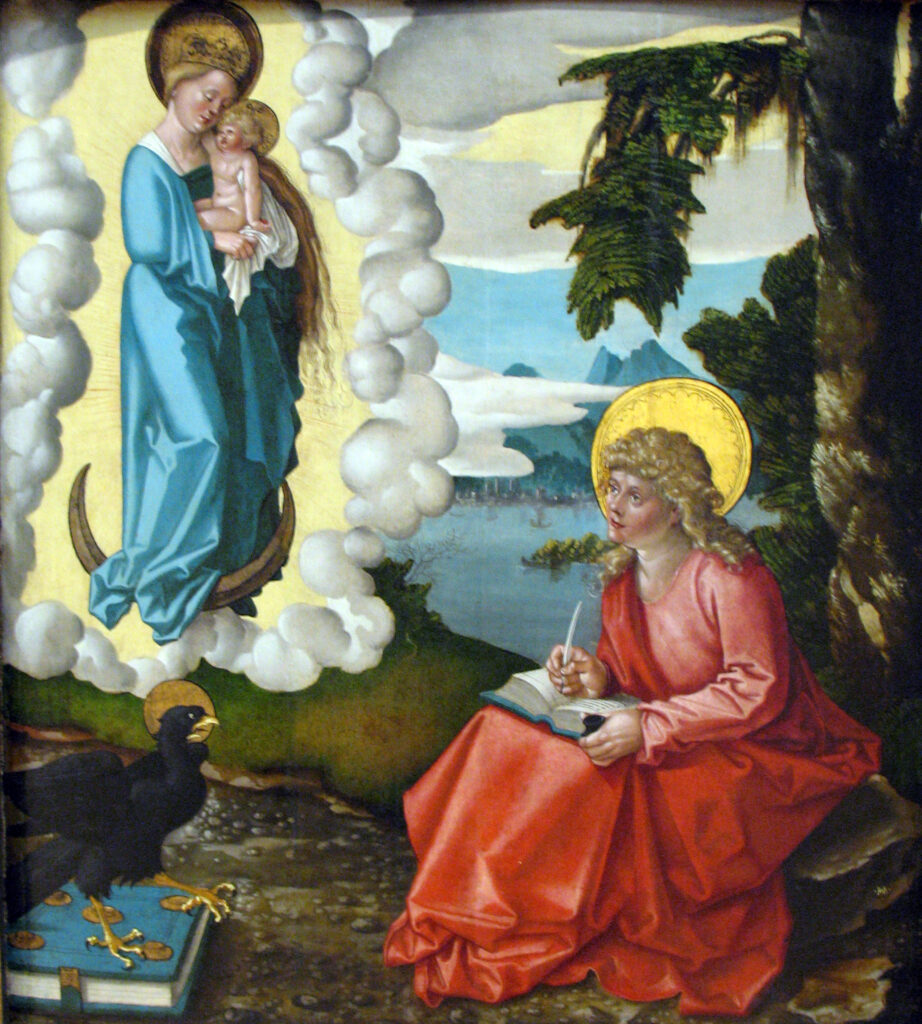 Hans Baldung,Saint John the Evangelist on Patmos, circa 1511 Oil, gold and white metal on spruce wood, 35.2 × 30.2 in Metropolitan Museum of Art, New York
