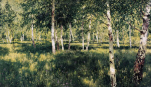 Isaac Levitan, Birch grove, from 1885 until 1889 Oil painting, 11.2 x 19.6 in Tretyakov Gallery, Moscow