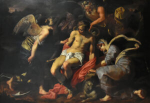 Abraham Janssens, Allegory of the Burdens of Time("The man overwhelmed by time is helped by hope and patience"), 1609 Oil on panel, 61.8 x 91.4 in Royal Museums of Fine Arts of Belgium, Brussels