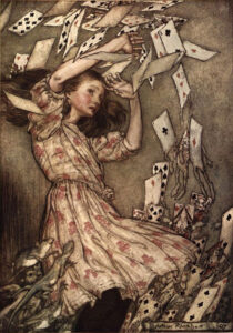 Arthur Rackham, At This the Whole Pack Rose Up Into the Air, and Came Flying Down Upon Her, 1907 Book illustration Alice's Adventures in Wonderland, 1907 edition