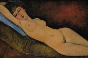 Amedeo_Modigliani_-_Nu_Couché_au_coussin_Bleu Amedeo Modigliani, Reclining Nude on Blue Cushion, 1916 Oil on canvas, 23.6 x 36.2 in Private collection