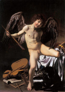 Caravaggio, Amor Vincit Omni, between 1601 and 1602 Oil on canvas, 61.6 x 44.6 in Gemäldegalerie, Berlin
