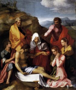 Andrea del Sarto, Pietà with Saints, between 1523 and 1524 Oil on panel, 94 x 78.3 in Galleria Palatina, Florence