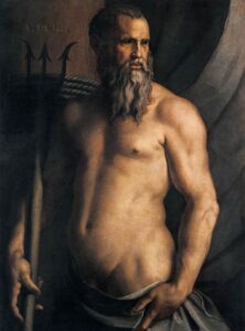 Bronzino, Portrait of Andrea Doria as Neptune, between 1550 and 1555 Oil on canvas, 45.2 x 20.8 in Pinacoteca di Brera, Milan
