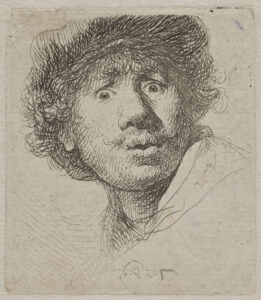 Rembrandt, Self Portrait in a Cap, with Eyes Wide Open Etching, 1630, 1.9 x 1.6 in Rijksmuseum, Amsterdam
