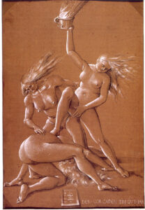 Hans Baldung, New Year's Greeting with Three Witches, 1514 Black quill pen drawing, partly washed in gray, heightened in white, on brown primed paper, 12.2 x 8.3 in Albertina Museum, Vienna