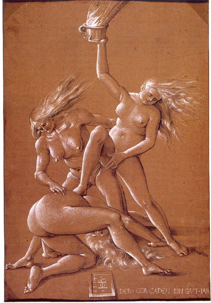 Hans Baldung, New Year's Greeting with Three Witches, 1514 Black quill pen drawing, partly washed in gray, heightened in white, on brown primed paper, 12.2 x 8.3 in Albertina Museum, Vienna