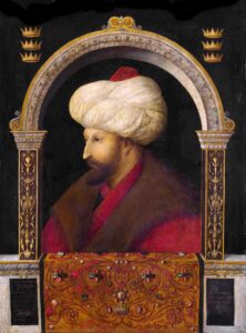 Gentile Bellini, The Sultan Mehmet II, 1480 Oil on canvas, 27.5 x 20.4 in Victoria and Albert Museum, London