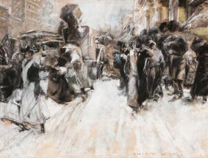 Everett Shinn, Broadway, Late Afternoon after the Matinee, 1899 Pastel, charcoal, gouache & watercolor on artist's board, 21.75 x 29.5 in